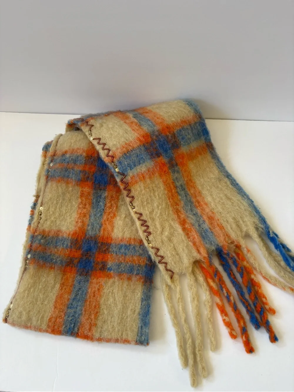Free People Highland Plaid Skinny Scarf Ivory Blue Sequin Tessel Preppy Fun Warm